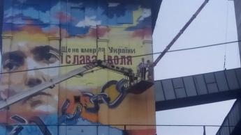 Савченко поднялась к знаменитому запорожскому муралу на подъёмнике со слезами на глазах (фото)