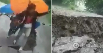На Прикарпатье под ногами детей обрушилась размытая дорога. Момент попал на видео