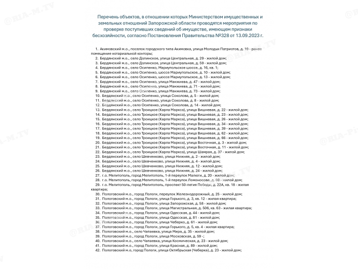 Список национализированного оккупационной властью Запорожской области имущества от 30 июля 2024 года
