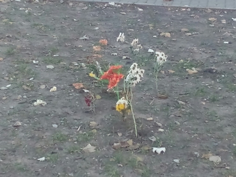 На место, где раньше стоял памятник Ленину, воткнули цветы. Фотофакт