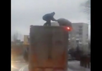 Битва мужчины со свиньей на крыше грузовика в Белой Церкви попала на видео