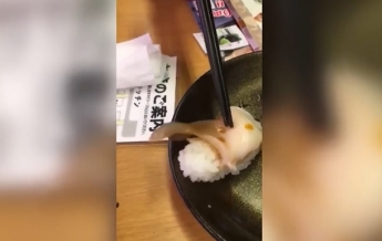 Живого моллюска в суши сняли на видео