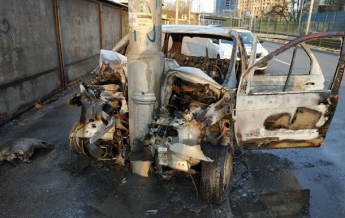 В Киеве автомобиль врезался в столб и сгорел (фото)