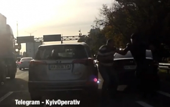 Два водителя устроили драку на оживленной трассе под Киевом (видео)