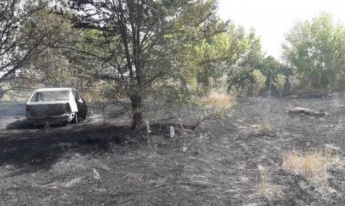 Под Днепром во время тушения сухой травы обнаружили горящий автомобиль и мертвого мужчину: фото