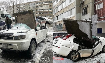 В России бетонная плита сорвалась с крыши и раздавила новую иномарку (видео)