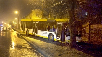 В Мариуполе маршрутный автобус-"призрак" без водителя и пассажиров врезался в дерево, фото и видео