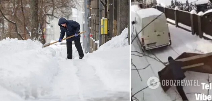 Под Киевом жители оригинальным образом чистили улицы от снега (Видео)