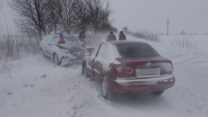 Под Винницей снежная буря вынесла частное авто в патруль полиции. Фото