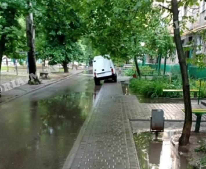 Водитель микроавтобуса угробил крышку люка и перегородил тротуар (фото)