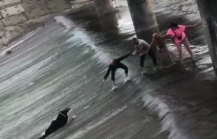 Начало уносить течение: велосипедист упал с дамбы в Харькове, момент попал на видео