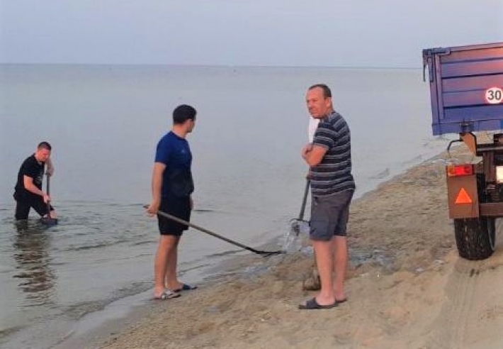 Граблями и ковшами в Кирилловке убирали медуз с пляжей после народного бунта (видео)