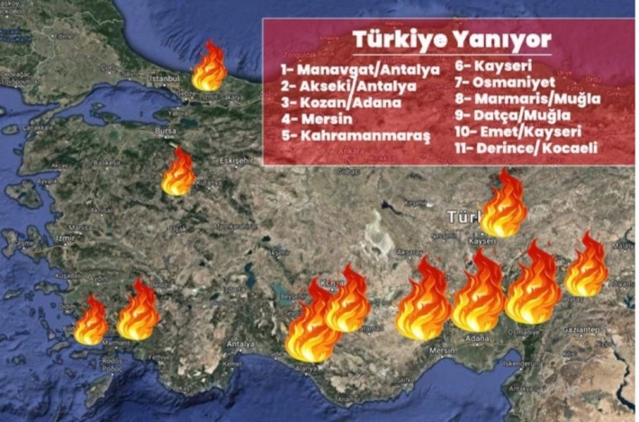 ​Пожары на курортах в Турции: опубликована карта