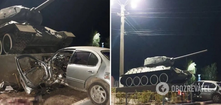 На Одесчине авто влетело в бетонный постамент с танком, водитель погиб на месте (Фото и видео)