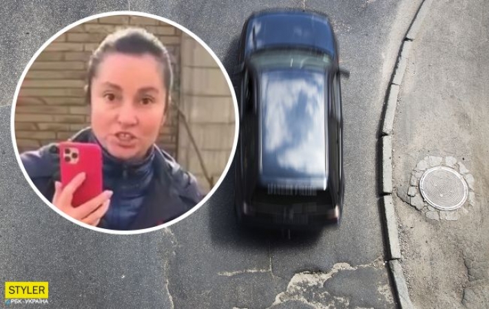 В Киеве женщина вернула яму на дороге после ремонта: видео выходки