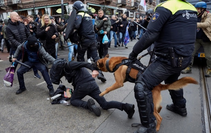 Разгон протеста в Амстердаме: копы спустили собак (видео)