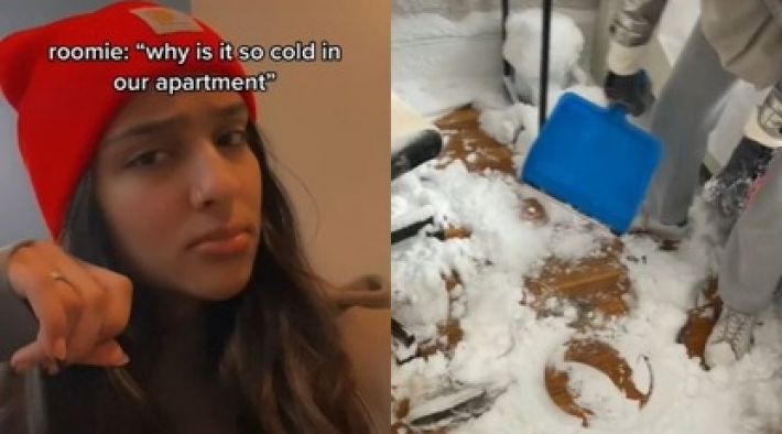 Студентка открыла в общежитии окно, и ее комнату полностью завалило снегом (видео)