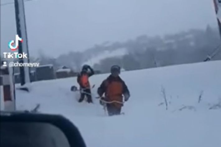 На Закарпатье в снегу косили траву возле ж/д путей (видео)