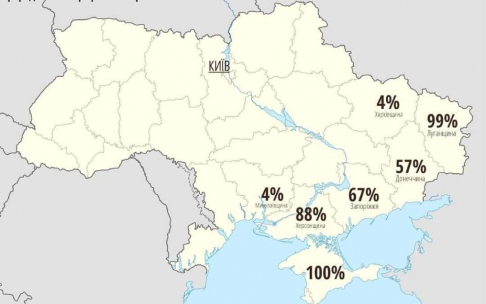 В Сети показали процентную долю оккупированных территорий Украины по областям (карта)