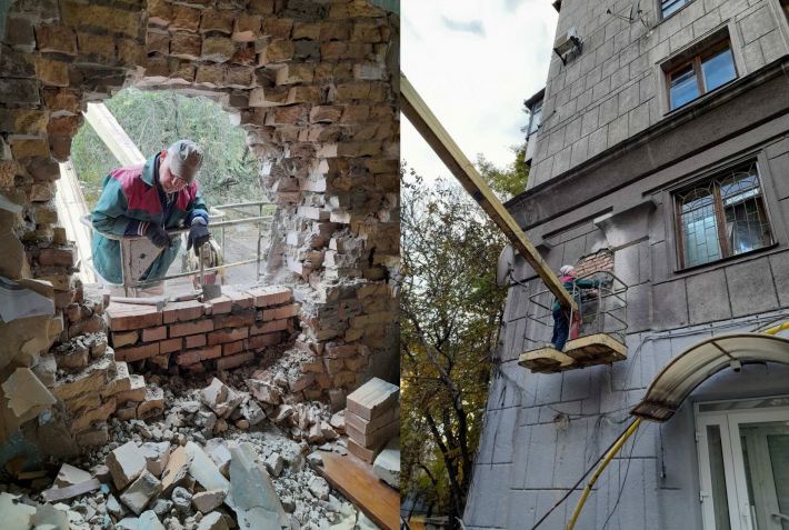 В Запорожье коммунальщики заделали дыру в стене дома после попадания российской ракеты (фото)