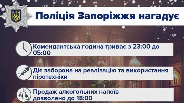 Полиция Запорожья предупреждает жителей города и области о действующих ограничениях на период новогодних праздников