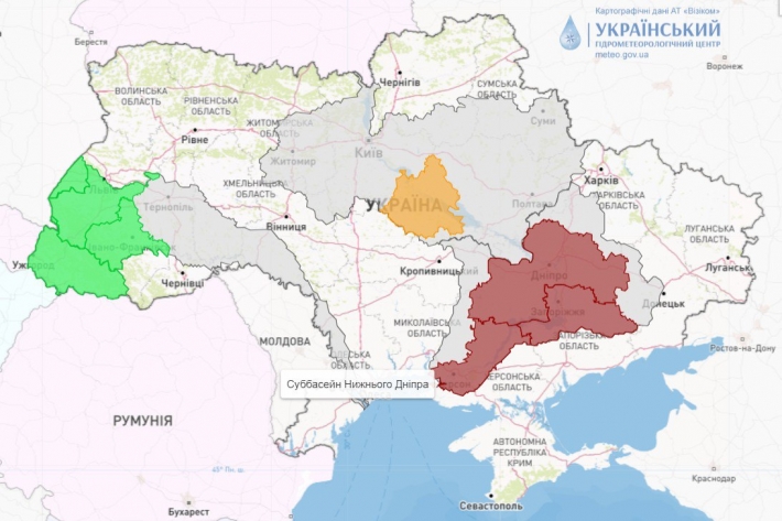 Запорожская область - III уровень опасности - коричневый, - Украинский гидрометеорологический центр